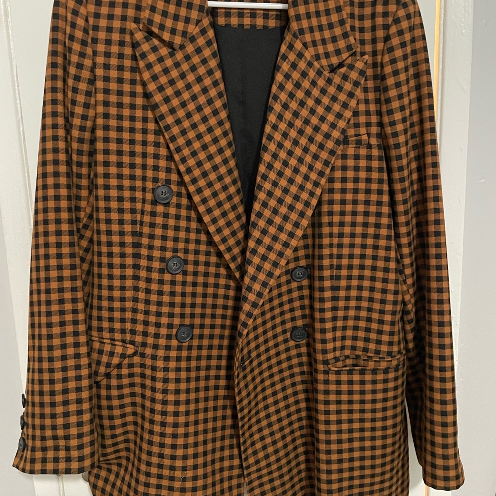 Free People Tan and Black Plaid Blazer